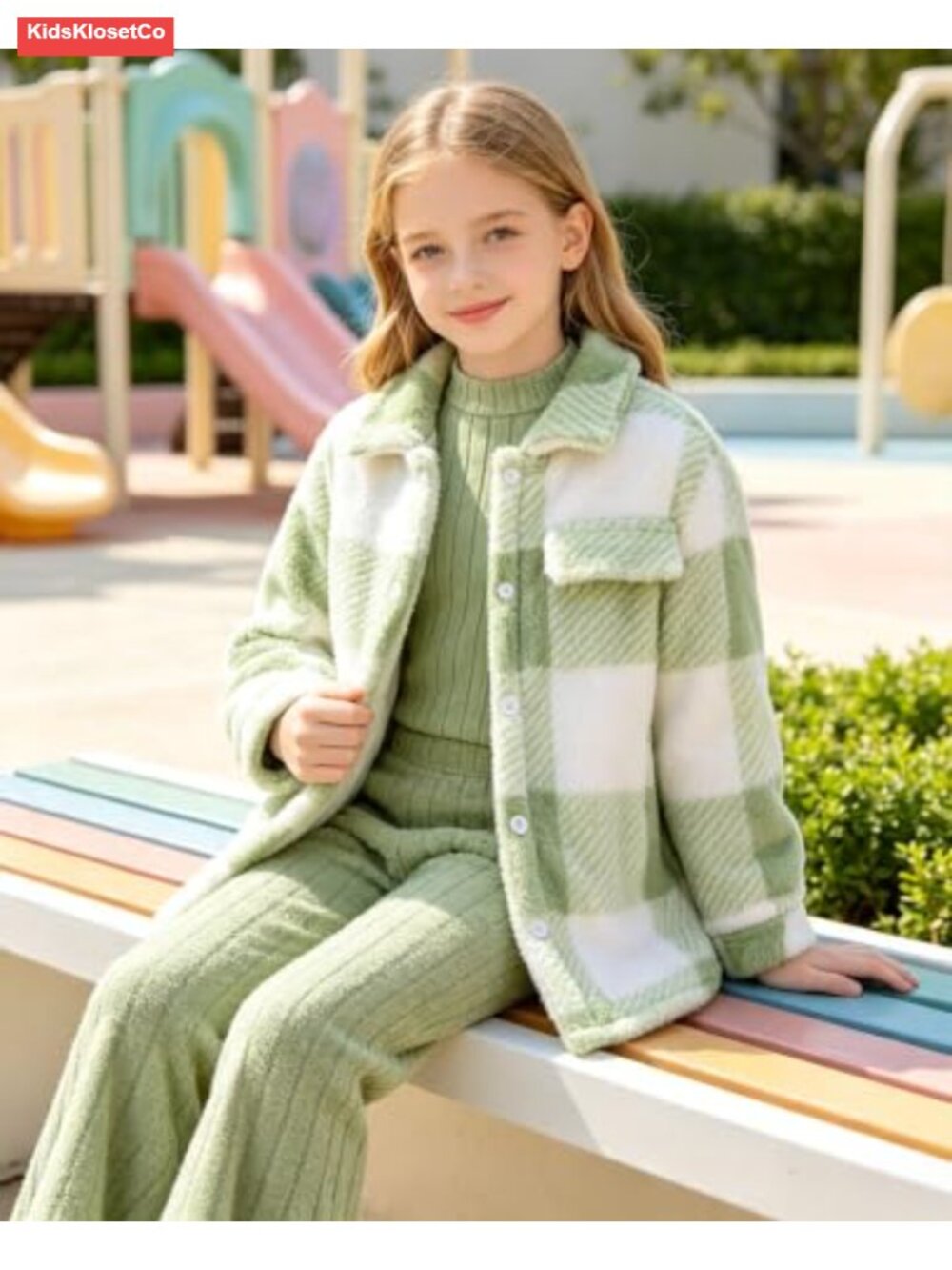Girls 3 Piece Plaid Jacket Rib Knit Top Flare Pants Tween Outfit 7-14Y - Picture 2 of 6